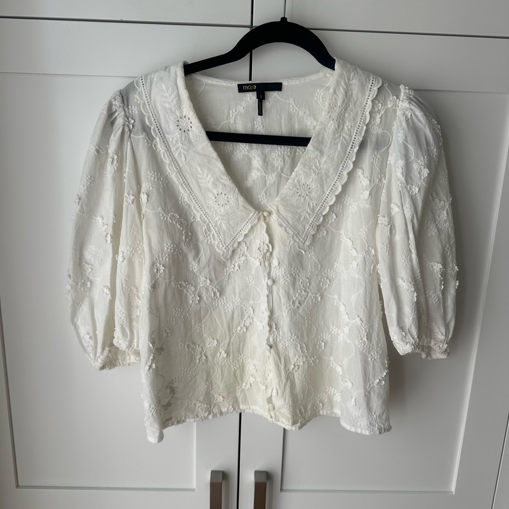 Maje White Lace Blouse with Puff Sleeves